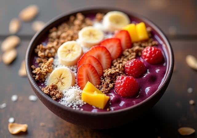 Beautifully presented acai bowl topped with fresh fruit and granola